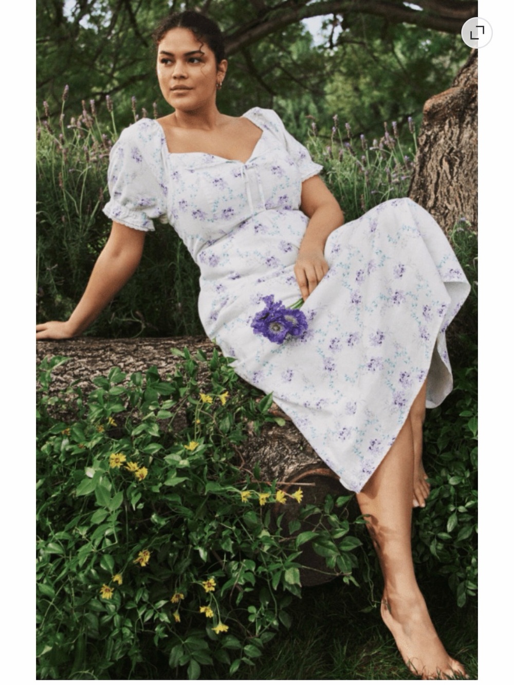 Floral Puff-Sleeve White Midi Dress with Lavender Print